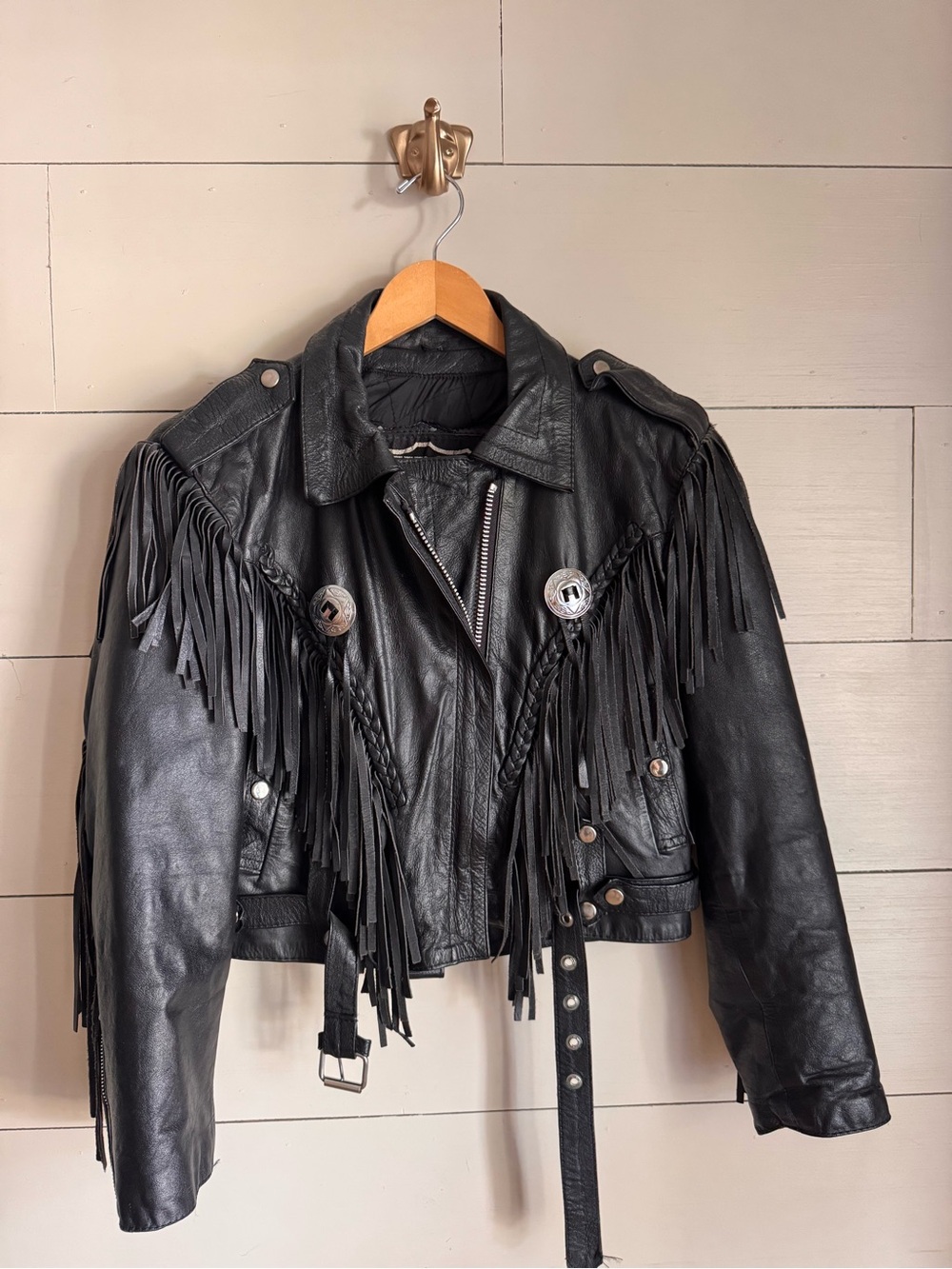 First Genuine Leather Fringe Moto Jacket Harley Davidson Patch Western Biker